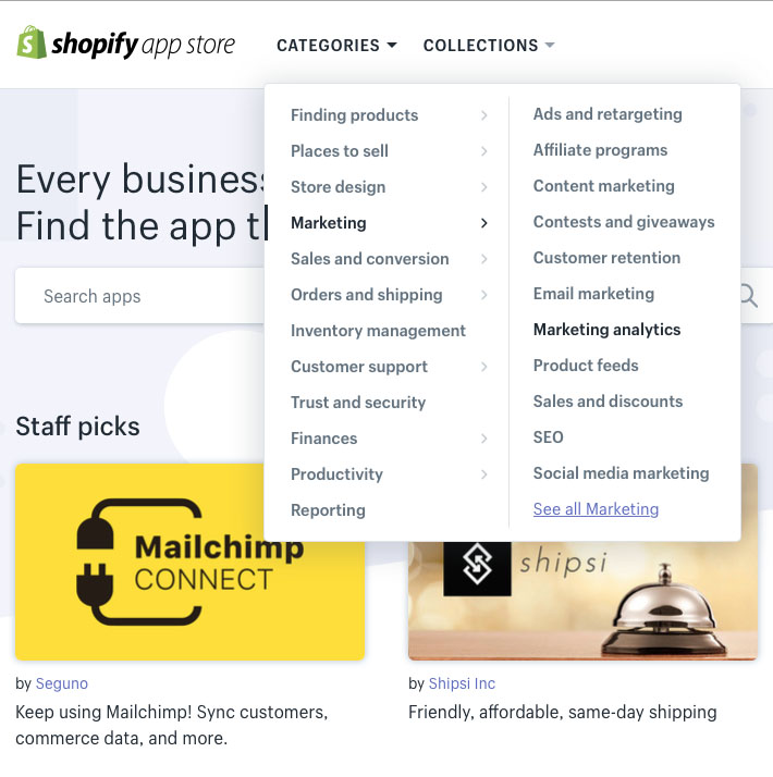 Shopify App Store categories
